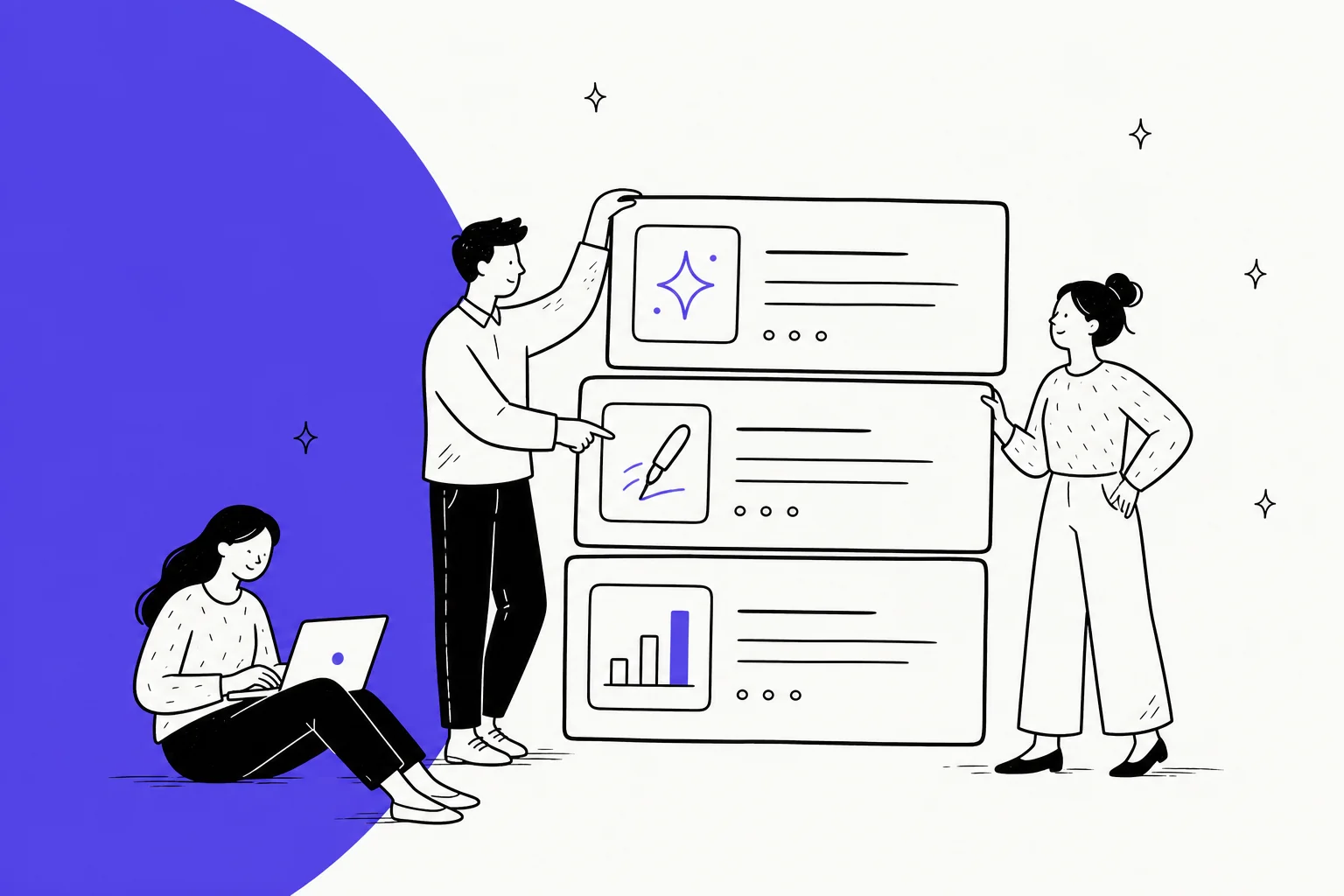 Illustration of a team comparing AI SEO content tool option cards