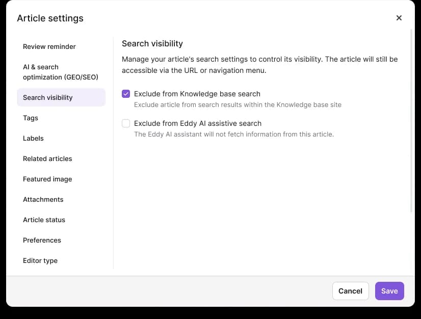 The Search visibility tab in Document360's article settings panel, with options to exclude an article from knowledge base search and from Eddy AI assistive search, as taken from Document360