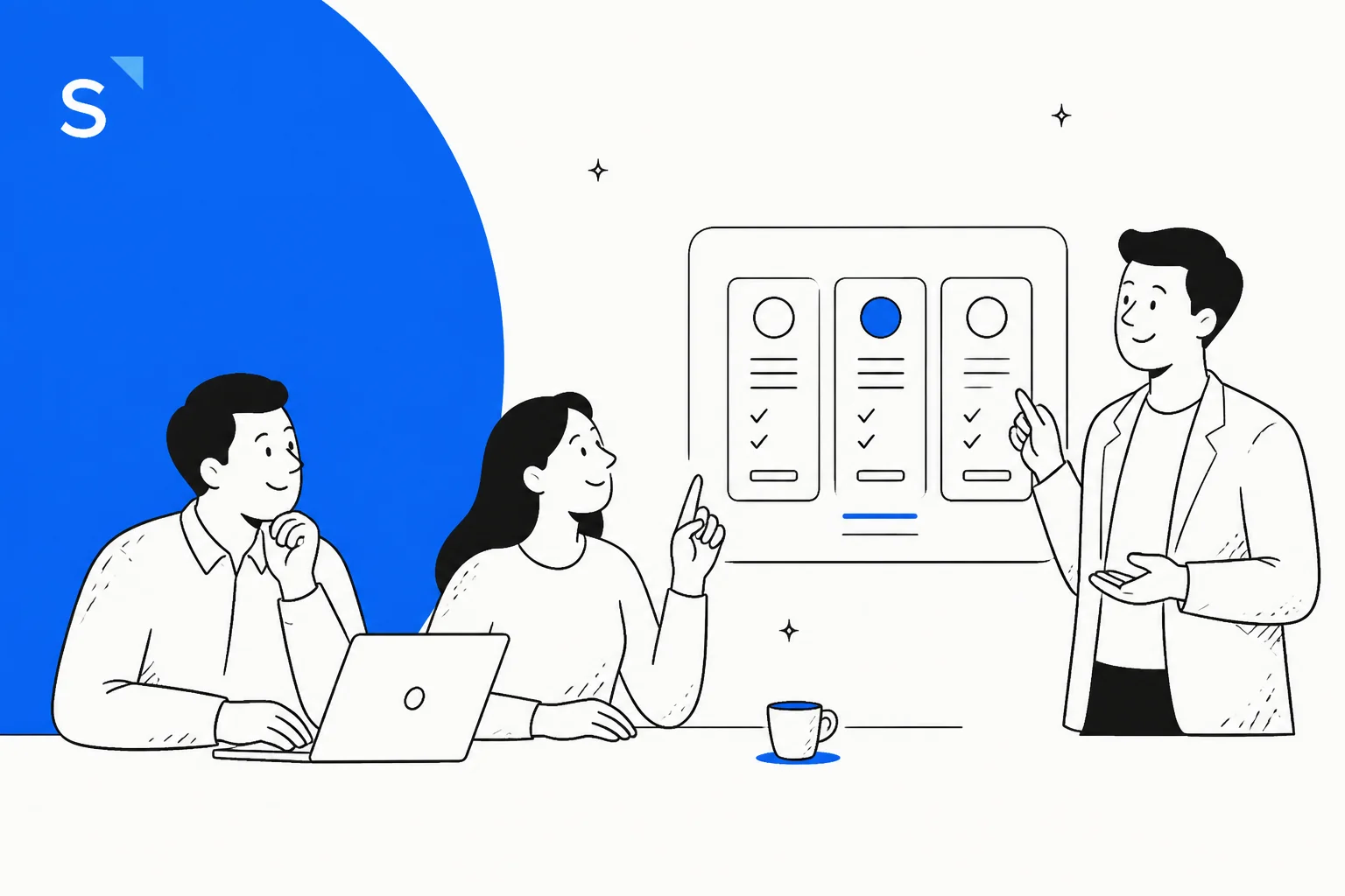 Three people reviewing a set of SleekFlow pricing plan cards on a board