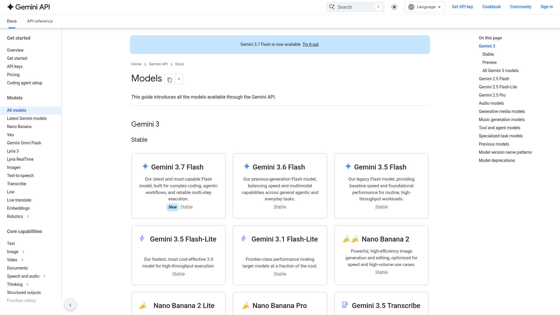 Google Gemini API models page listing Gemini 3.5 Flash-Lite as the fastest, most cost-effective 3.5 model, as taken from Google AI