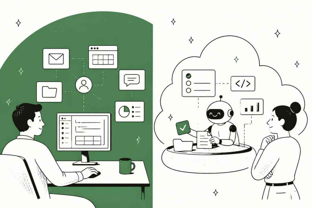Grok Bot signing into your apps on one side and Tasklet running in its own cloud sandbox on the other, split by a green divide.