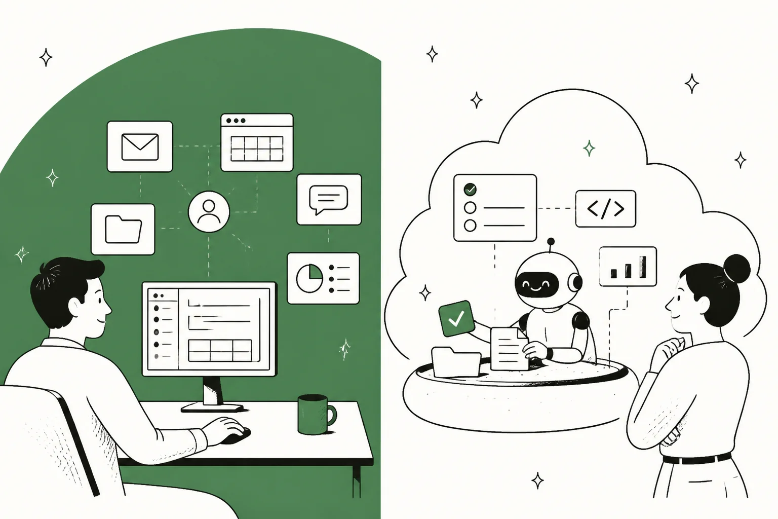 Grok Bot signing into your apps on one side and Tasklet running in its own cloud sandbox on the other, split by a green divide.