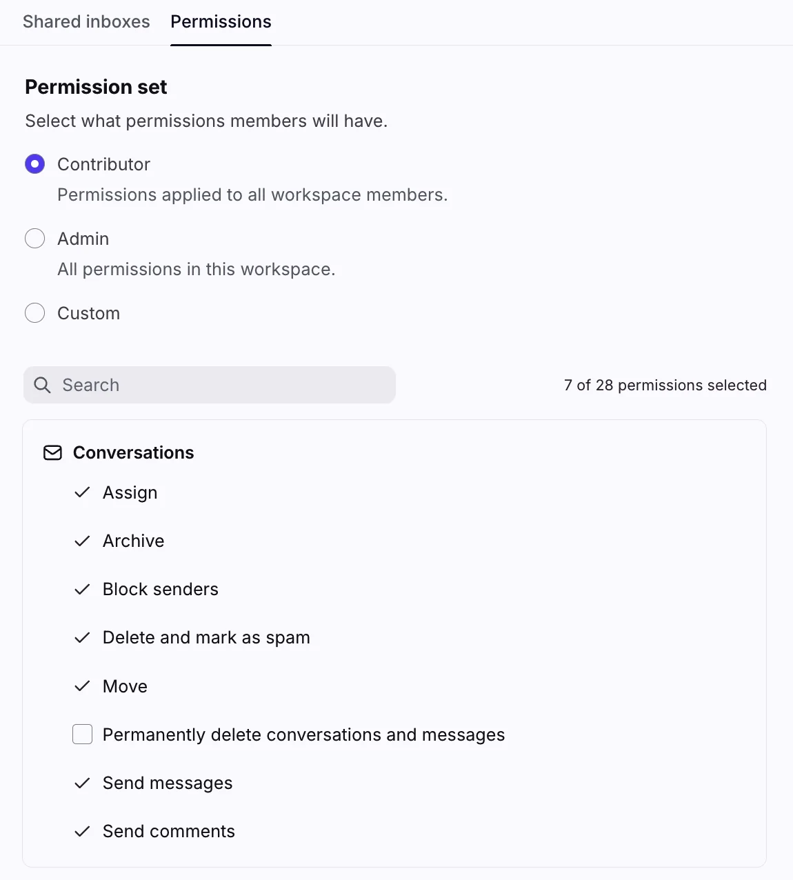 Front teammate group permissions showing Contributor, Admin and Custom permission sets with conversation permissions such as assign, archive and send messages, as taken from Front's help center