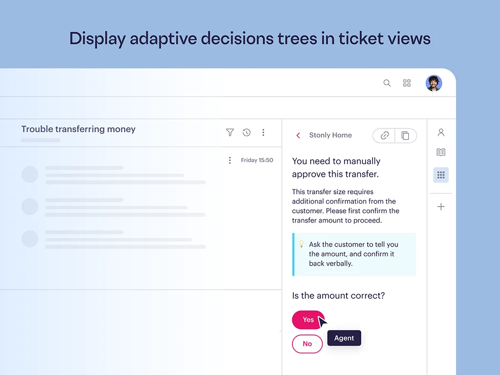 Stonly decision tree in a ticket view asking the agent whether a transfer amount is correct, with Yes and No buttons, as taken from Stonly's Zendesk Marketplace listing