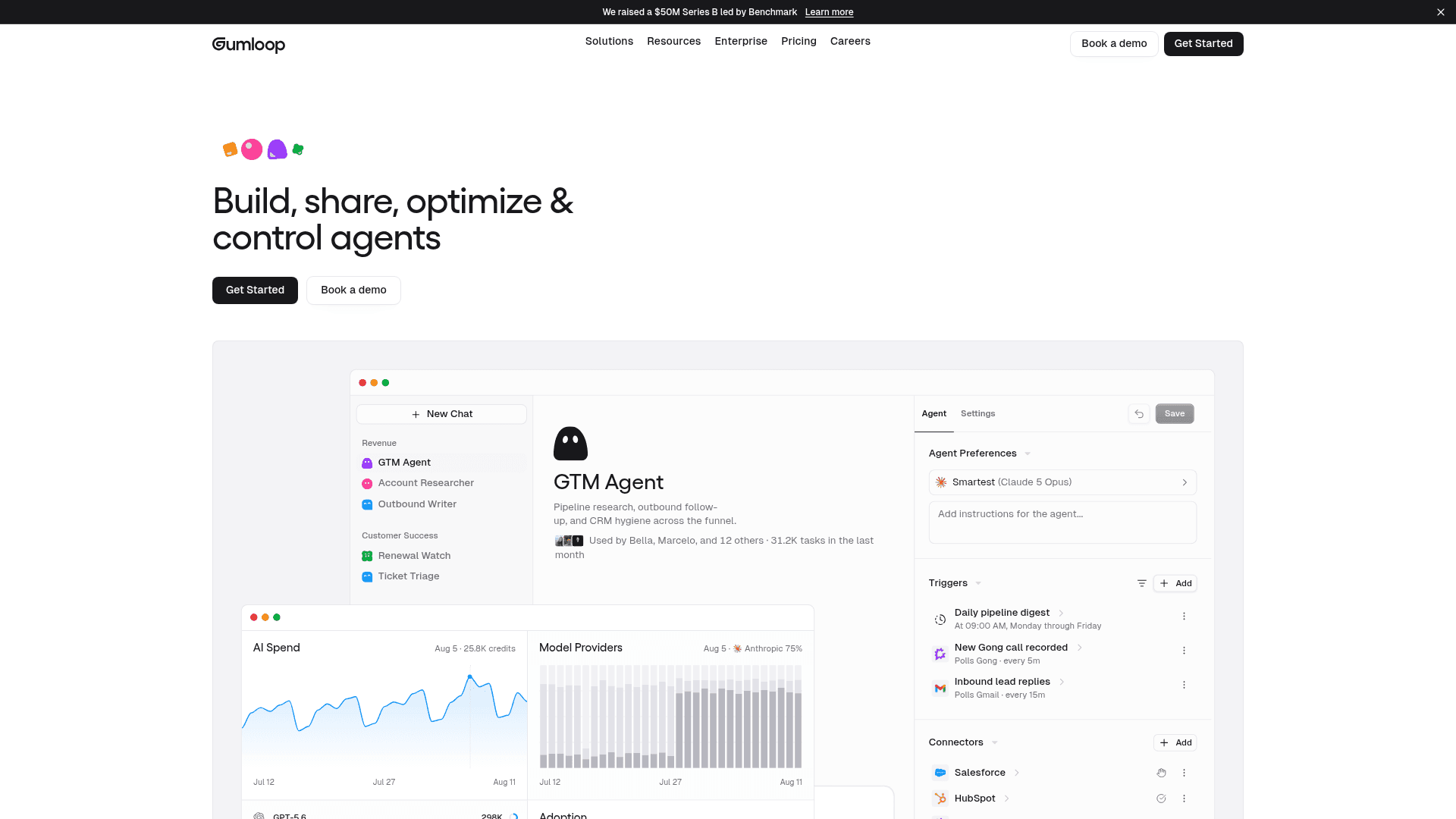 Gumloop homepage showing its no-code AI automation canvas