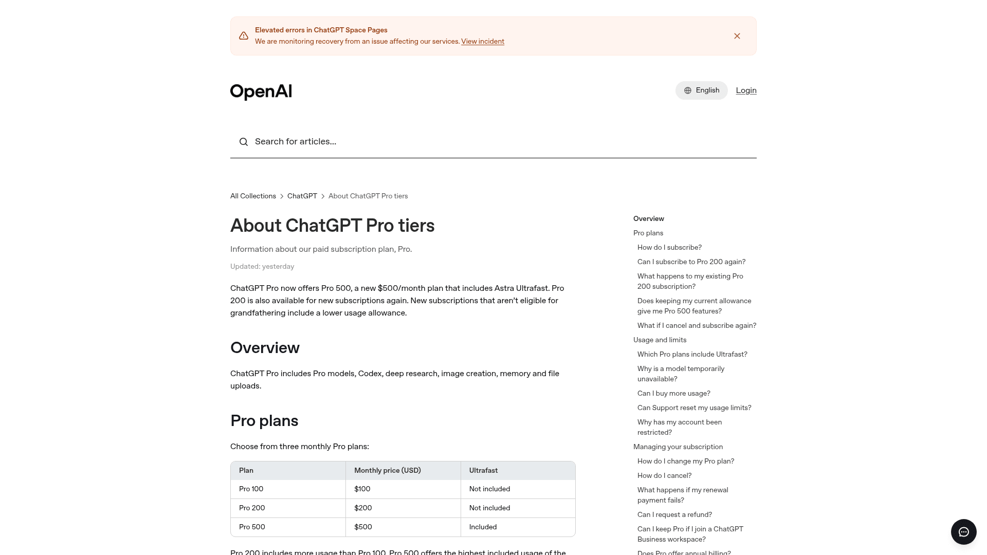 The OpenAI help article "About ChatGPT Pro tiers" showing the Pro 100, Pro 200, and Pro 500 plan table, as taken from OpenAI Help Center