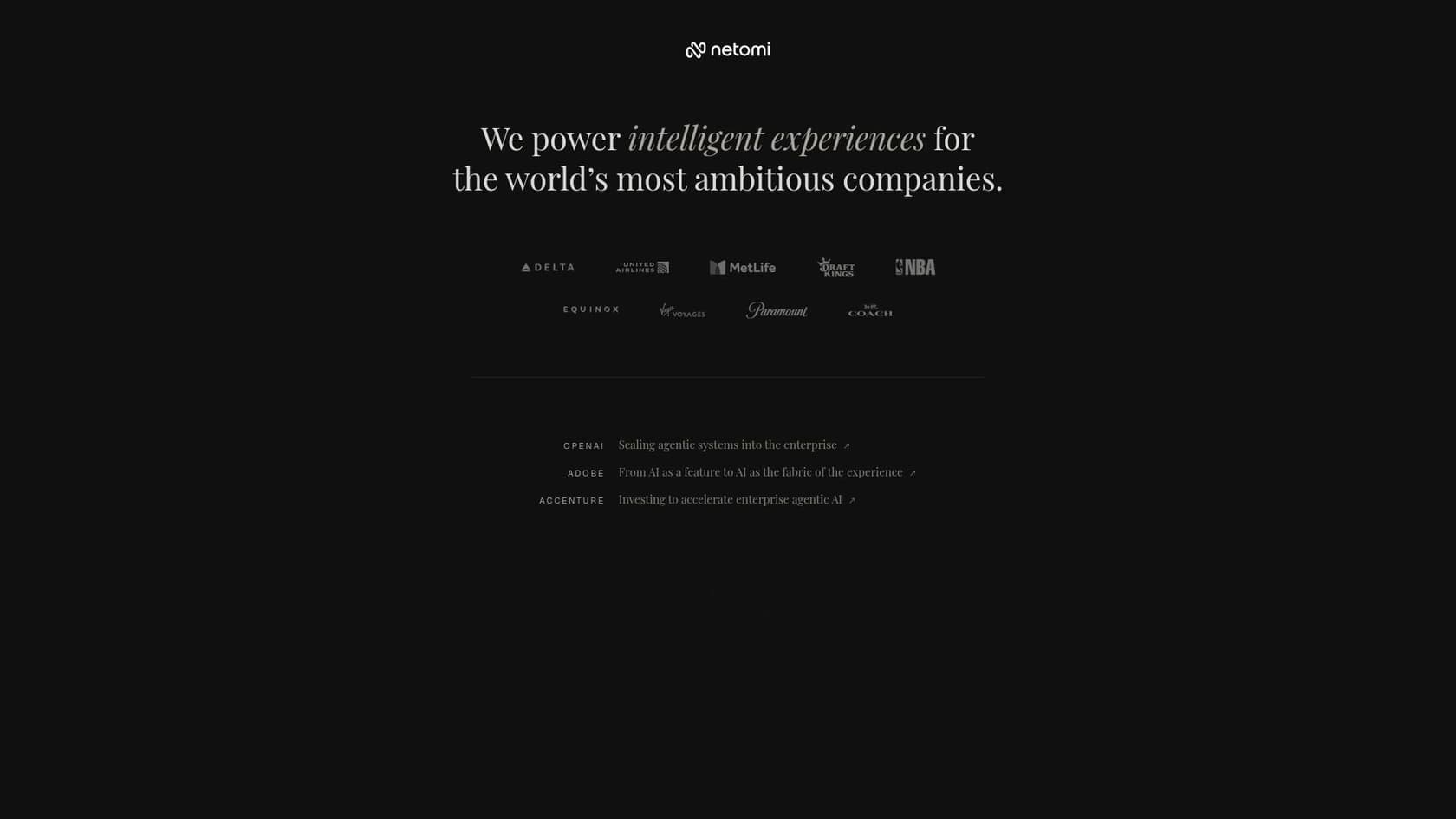 Netomi homepage naming enterprise customers like Delta, United, and the NBA