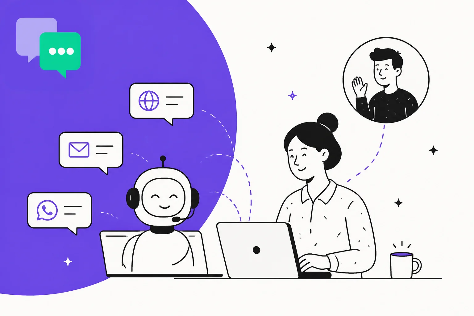 Illustrated banner for a KalTalk pricing breakdown, showing an AI support agent handling chat, email and WhatsApp