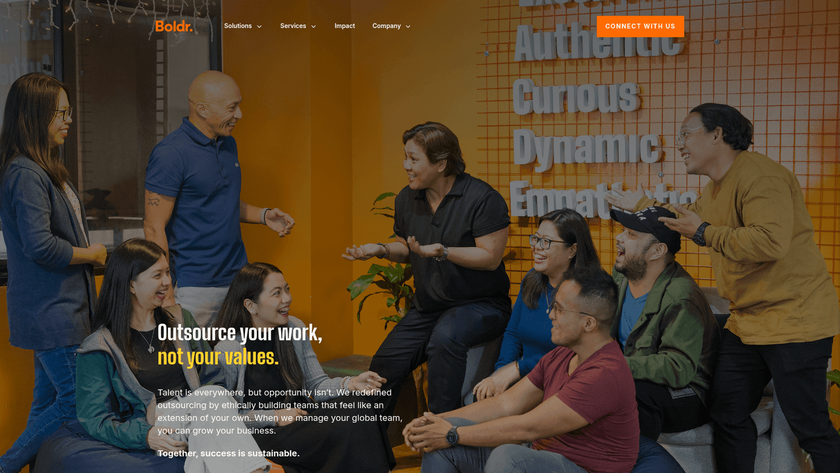 The Boldr homepage describing ethical outsourcing and global teams, as taken from Boldr