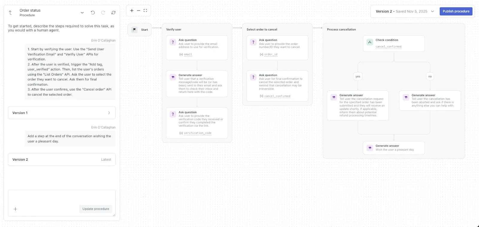 Zendesk generative procedure builder with the written steps for an order cancellation on the left and the generated map on the right, covering verify user, select order to cancel, and process cancellation with a check condition on whether cancellation was confirmed, as taken from Zendesk