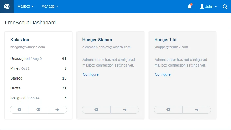 FreeScout dashboard listing three mailboxes with unassigned, starred and draft counts, as taken from FreeScout