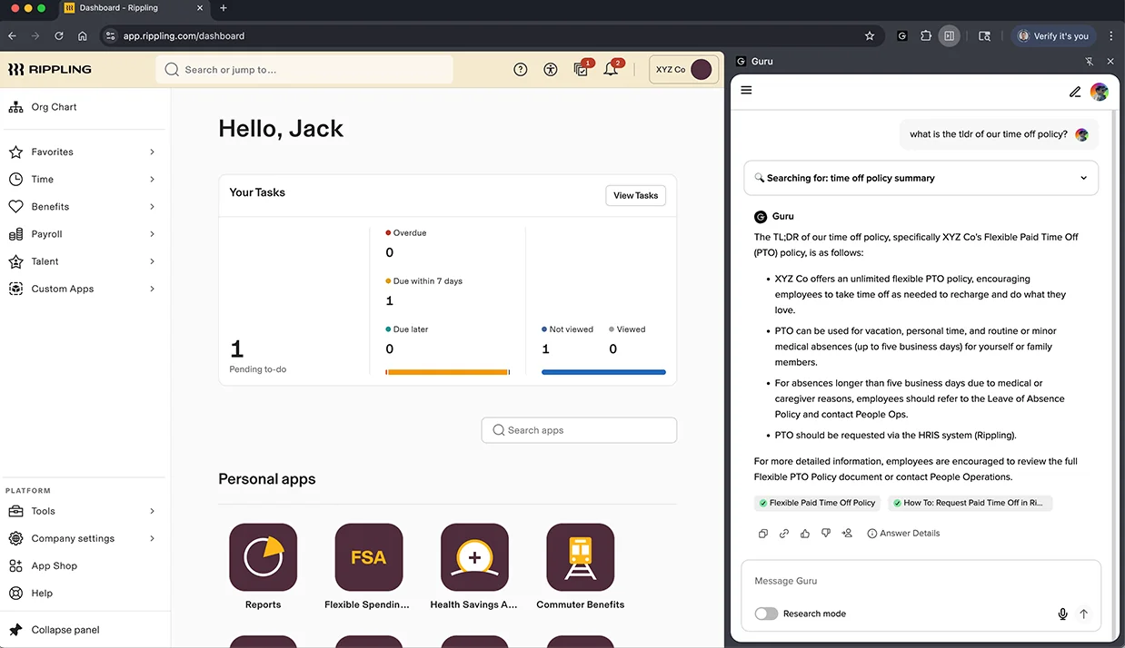 The Guru Chrome side panel answering a time-off policy question over another app, with cited source cards