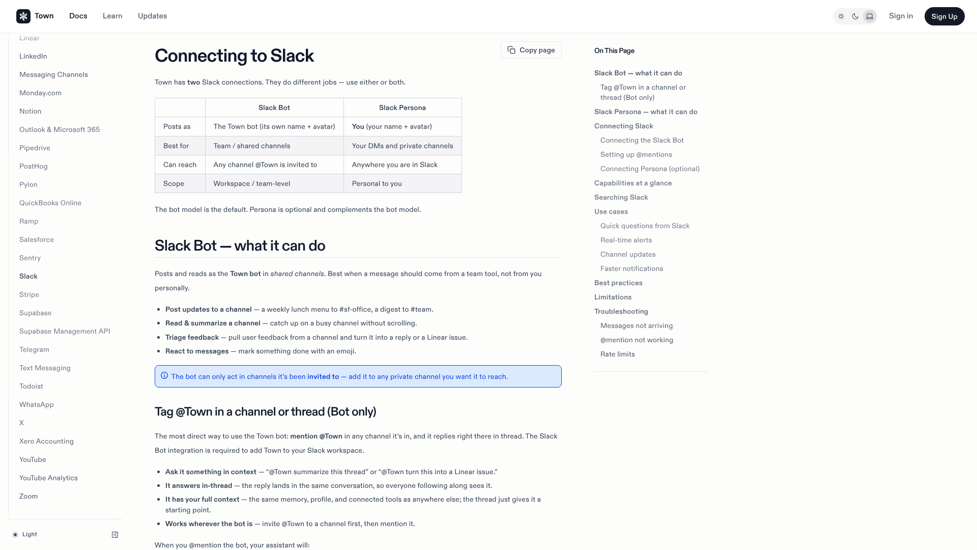 Town's Connecting to Slack docs page, showing the Slack Bot and Slack Persona comparison table and the list of what the bot can do, as taken from Town's docs
