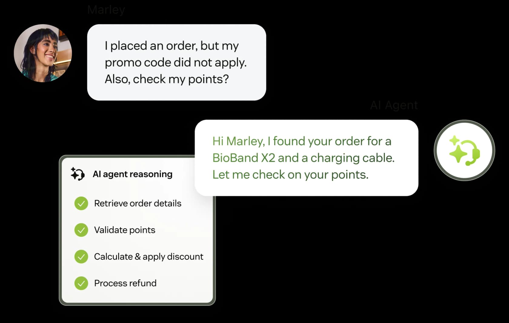 Zendesk AI agent reasoning through an order and loyalty-points question, showing steps to retrieve order details, validate points, and apply a discount, as taken from Zendesk