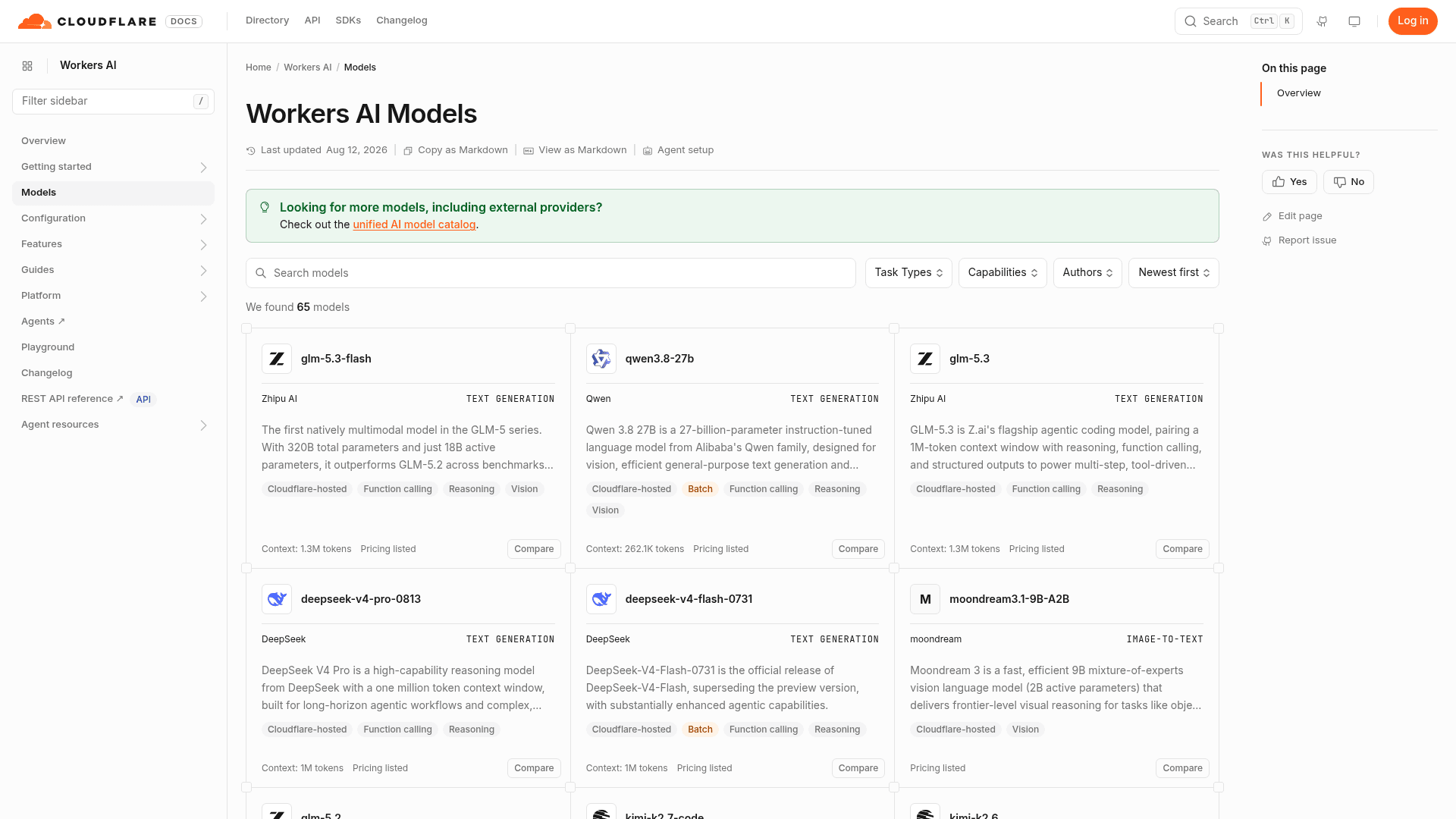 Cloudflare Workers AI model catalog showing 65 hosted models with function calling and structured output tags
