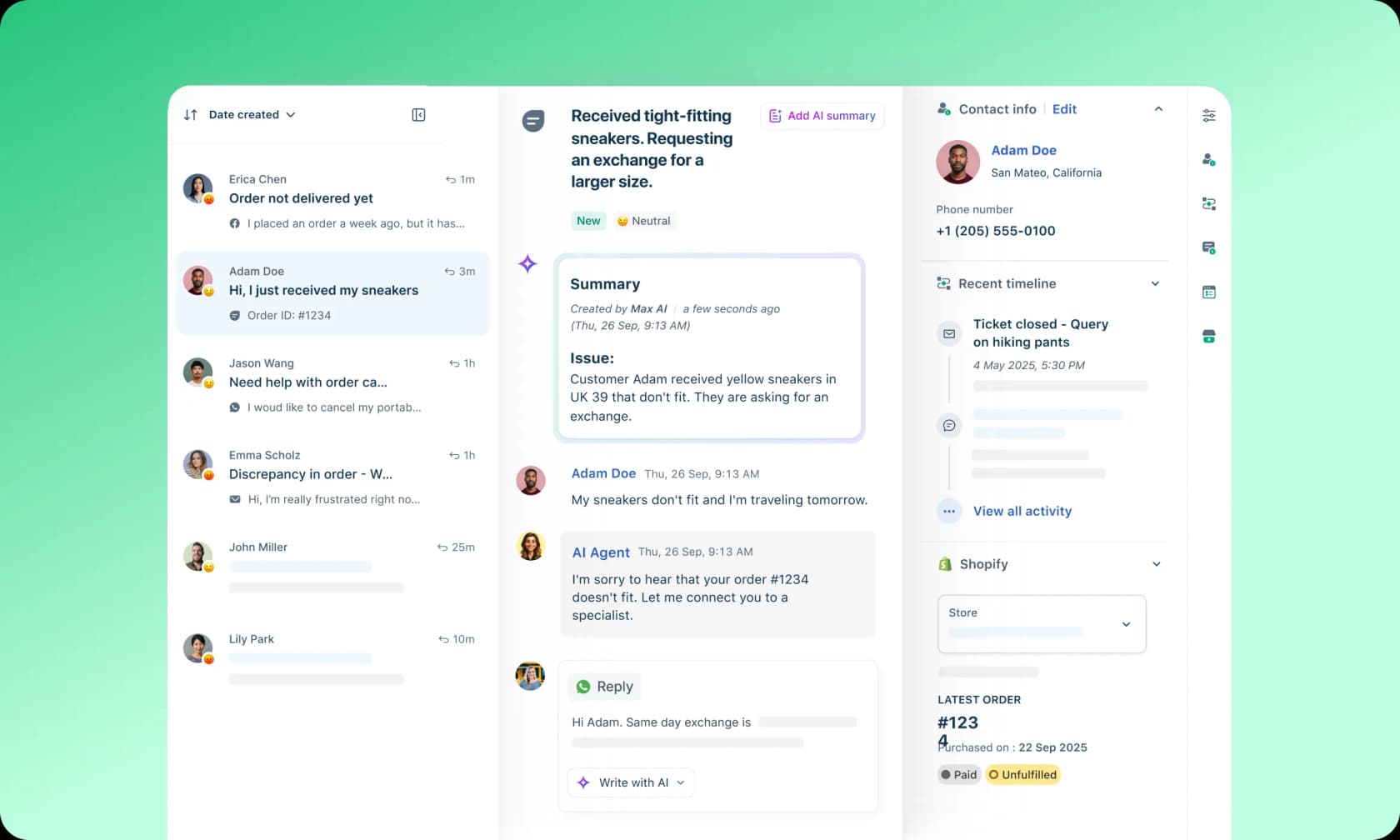 Freshdesk Omni inbox with an AI-generated ticket summary from Max AI and the Freddy AI Agent handling a customer's exchange request, as taken from Freshworks