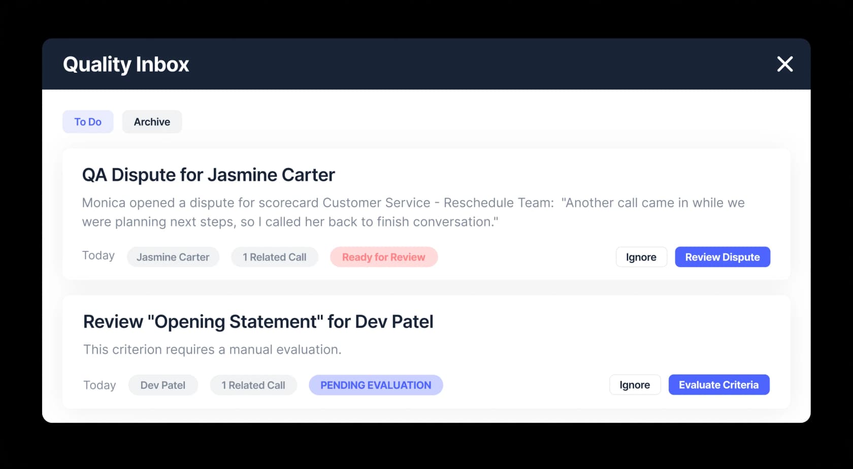 Balto quality inbox with an agent QA dispute and a criterion waiting for manual evaluation, as taken from Balto