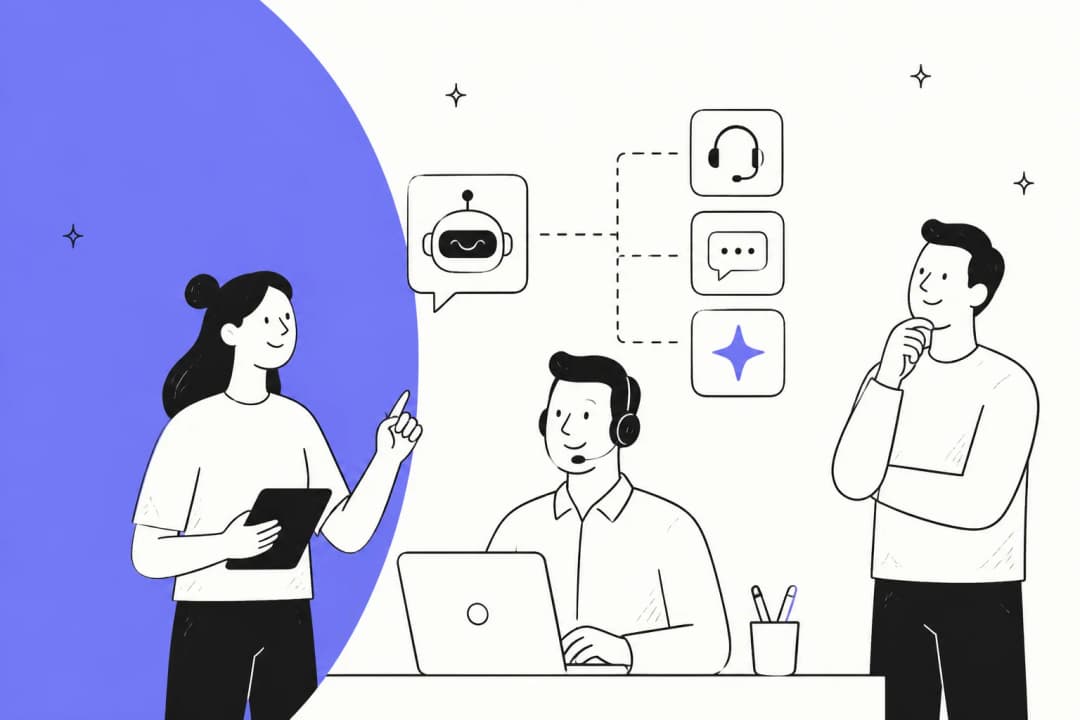 Illustration of Ginzi alternatives for AI customer support in a periwinkle palette
