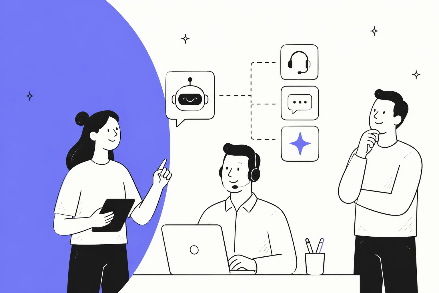 Illustration of Ginzi alternatives for AI customer support in a periwinkle palette