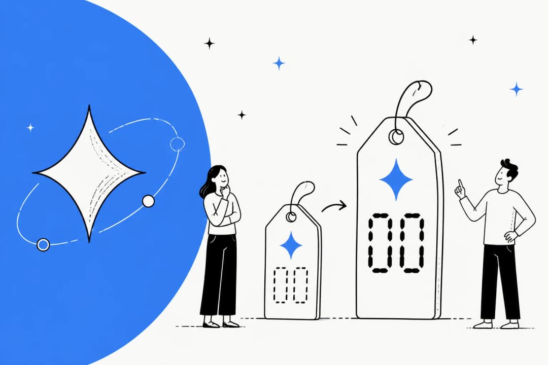 Hand-drawn illustration of two people looking at a small price tag and a much larger one beside a big blue Gemini sparkle, for a guide to Gemini 4 Argon pricing