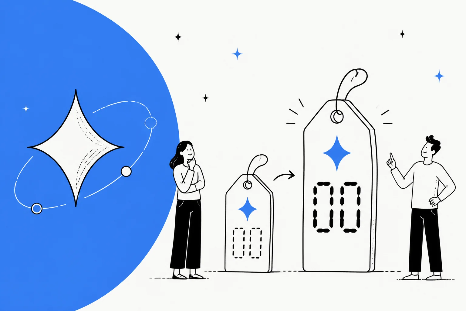 Hand-drawn illustration of two people looking at a small price tag and a much larger one beside a big blue Gemini sparkle, for a guide to Gemini 4 Argon pricing