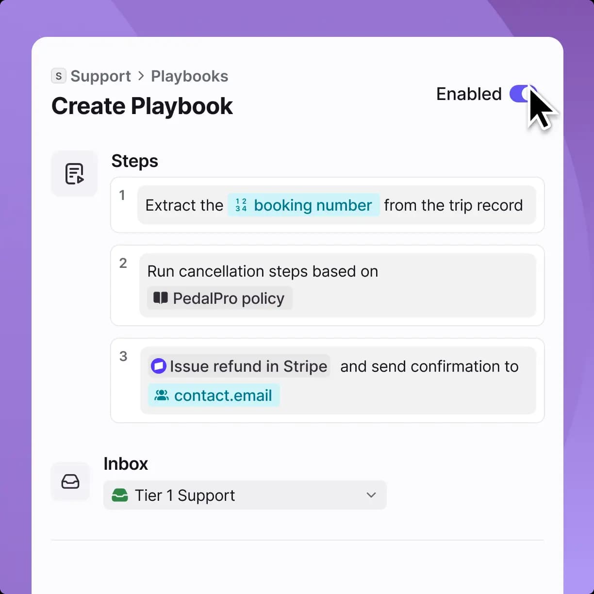 A Front Autopilot Playbook with numbered steps to extract a booking number, run a cancellation, and issue a refund, as seen in Front