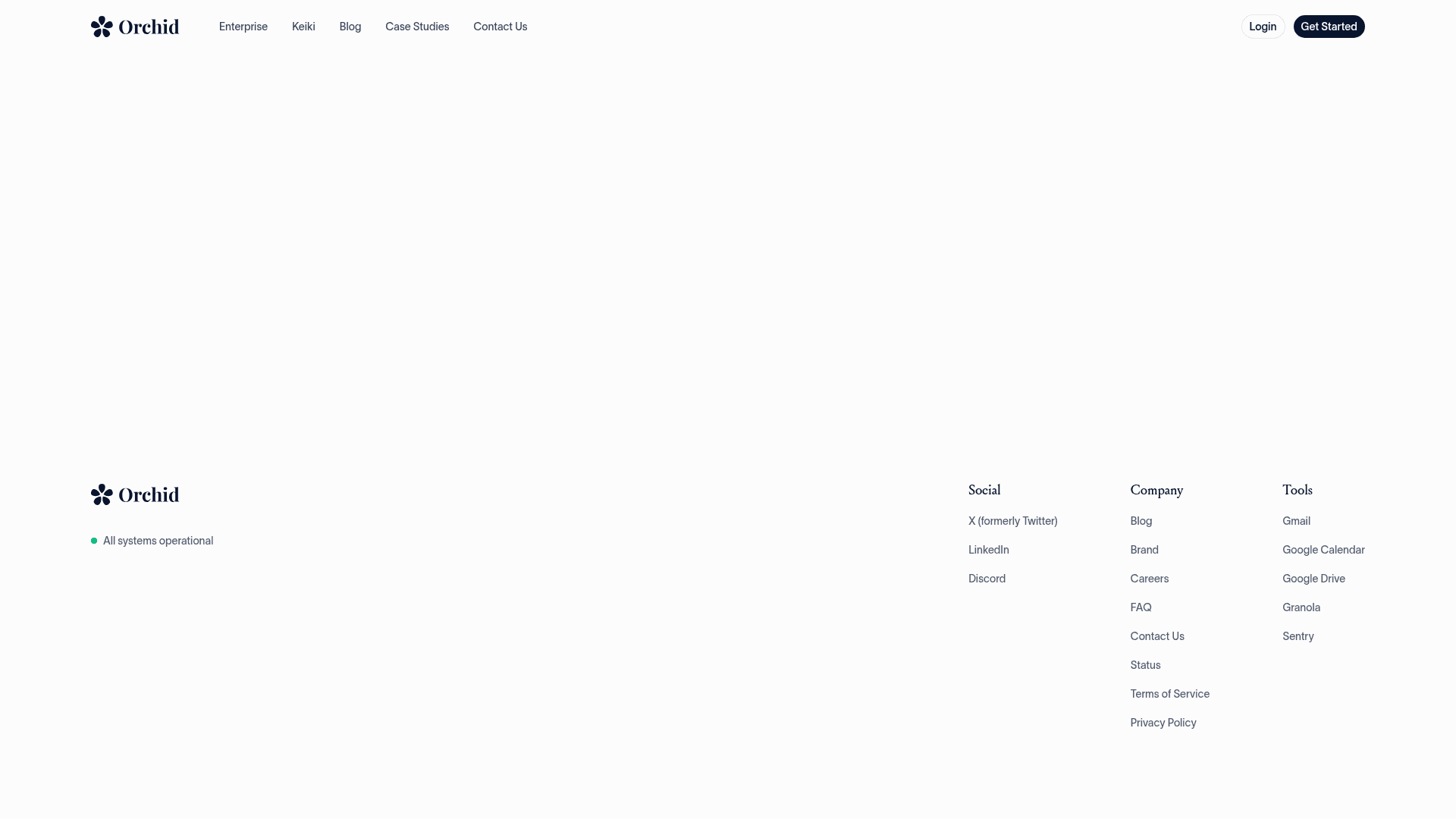 Orchid's pricing page at orchid.ai/pricing, showing only the top navigation with Enterprise, Keiki, Blog, Case Studies and Contact Us links and the site footer, with no plans or prices in between, as captured from orchid.ai