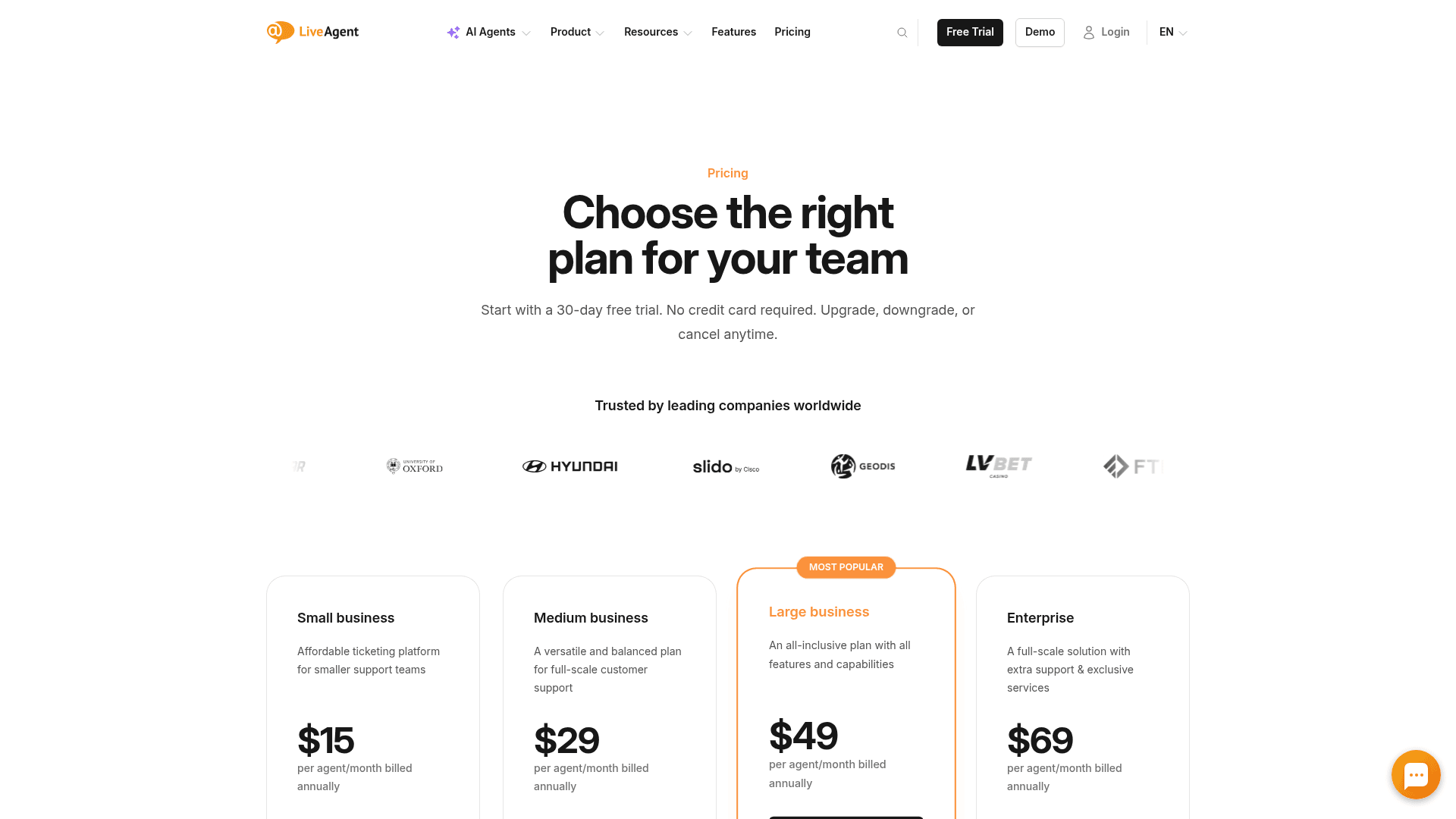 LiveAgent's four current plans, priced $15/$29/$49/$69 per agent on annual billing, as shown on LiveAgent's pricing page