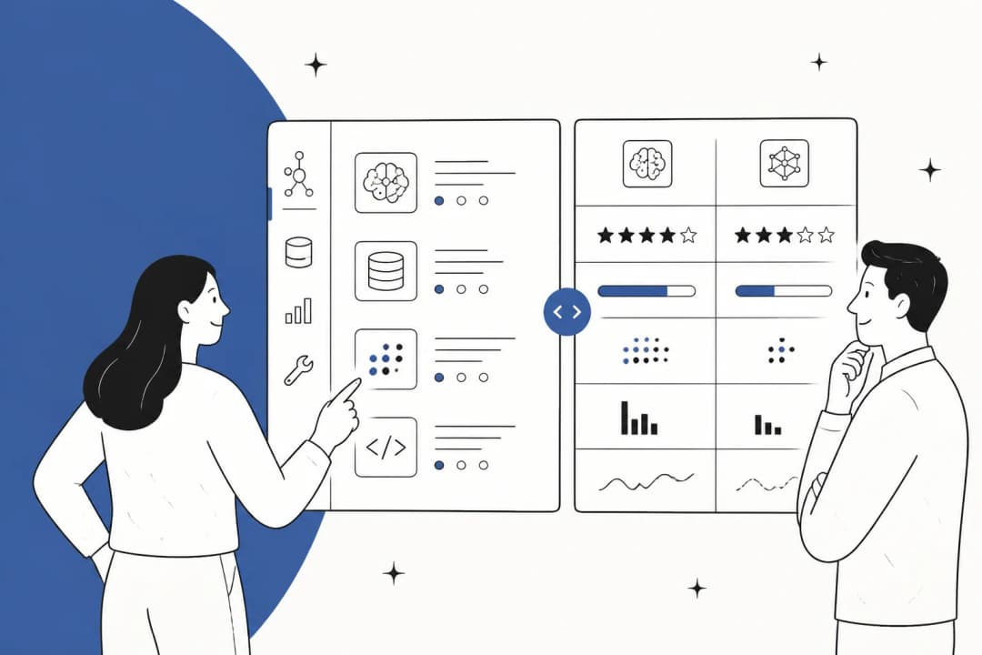 Illustration of a catalog dashboard comparing AI models, datasets and tools side by side