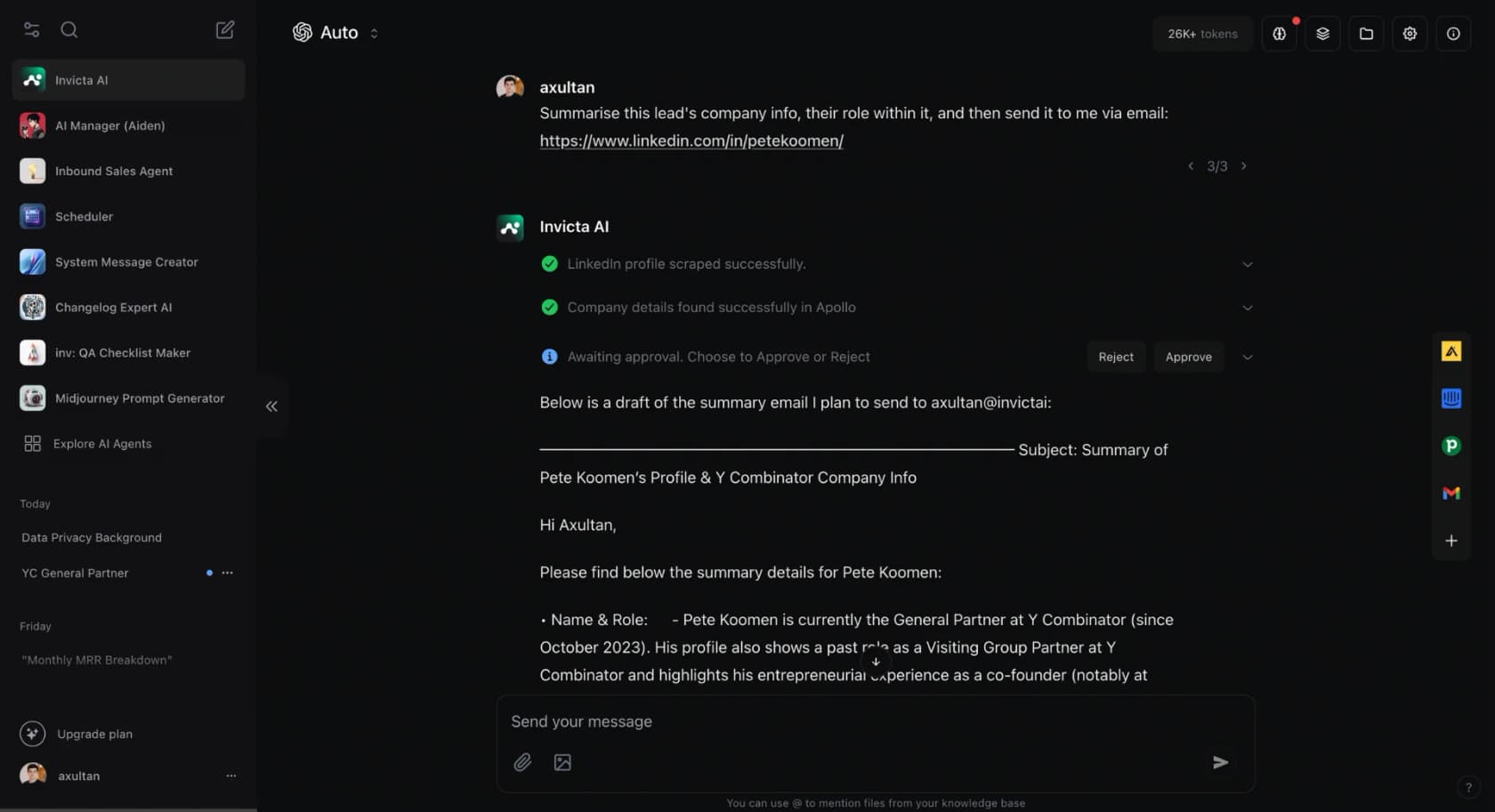 Invicta AI's chat interface, showing an agent running a multi-step task with a live token counter and a human-in-the-loop approval step, as taken from Invicta AI