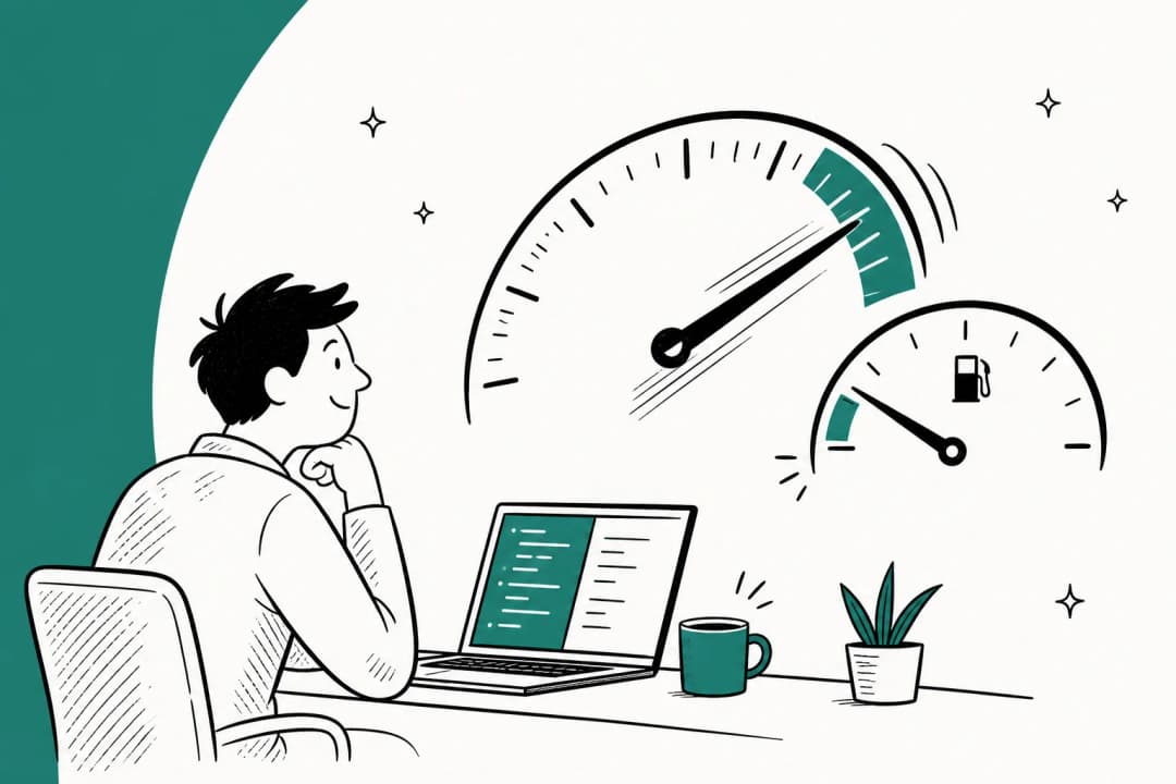 Hand-drawn illustration of a developer at a laptop watching a speedometer needle race into the fast zone while a fuel gauge beside it drops toward empty