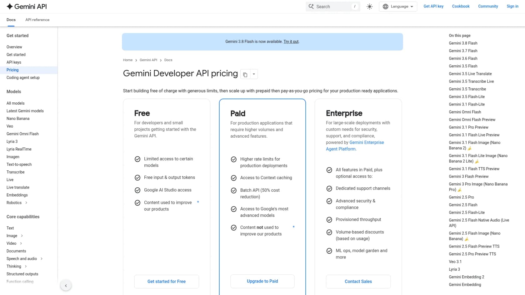 Google's Gemini Developer API pricing page showing the Free, Paid and Enterprise tiers, as taken from the official Gemini API docs