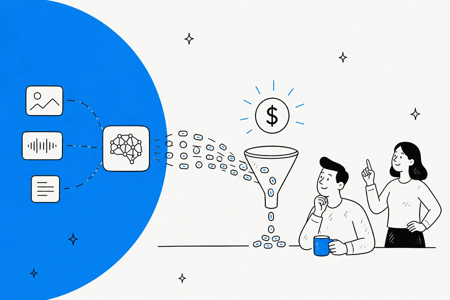 Illustration of a multimodal AI model turning inputs into tokens that funnel down to a dollar sign, for a GLM-5.3-Flash pricing breakdown