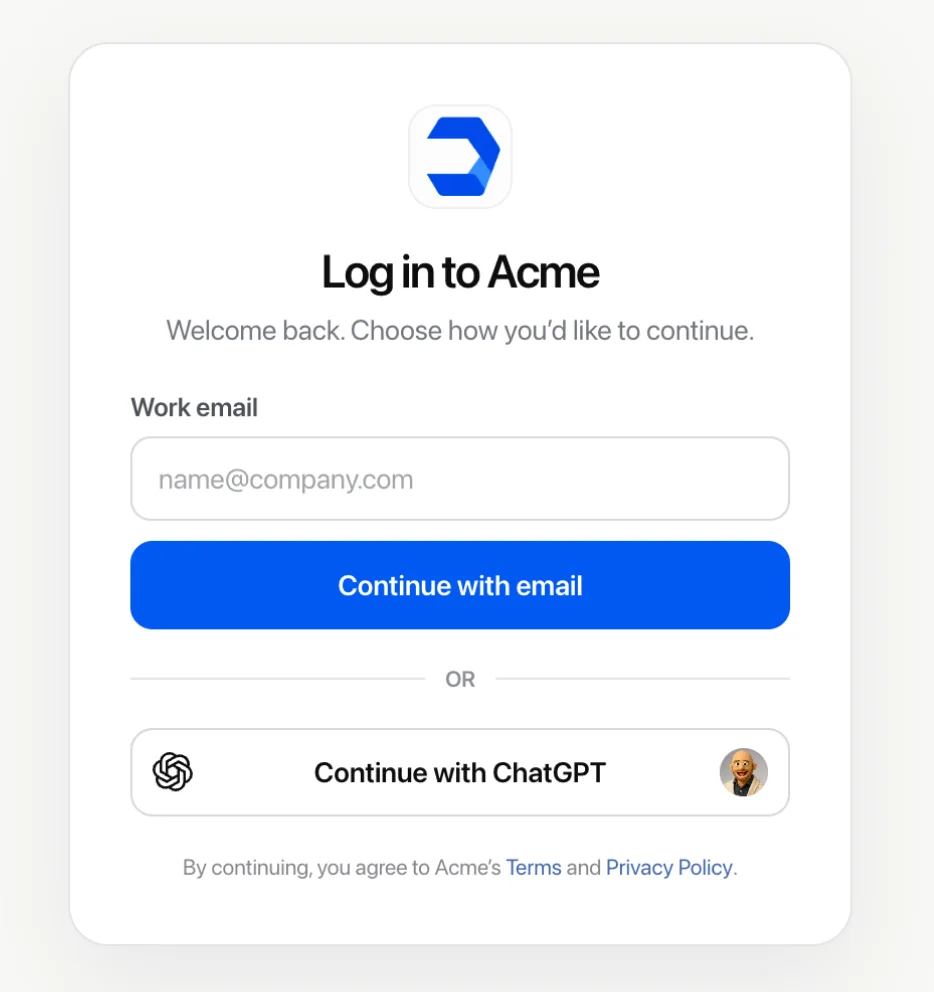 Example Acme login card from OpenAI's help center, with a Continue with email button and a Continue with ChatGPT option below, as taken from OpenAI's help center