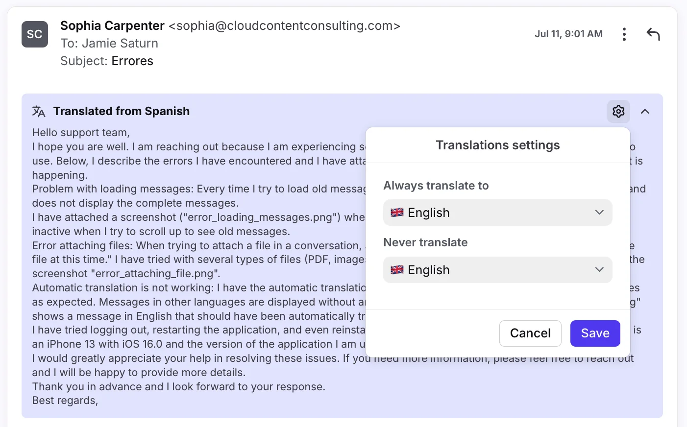 Front translation settings popover with Always translate to and Never translate language dropdowns over a message translated from Spanish, as taken from Front's help center