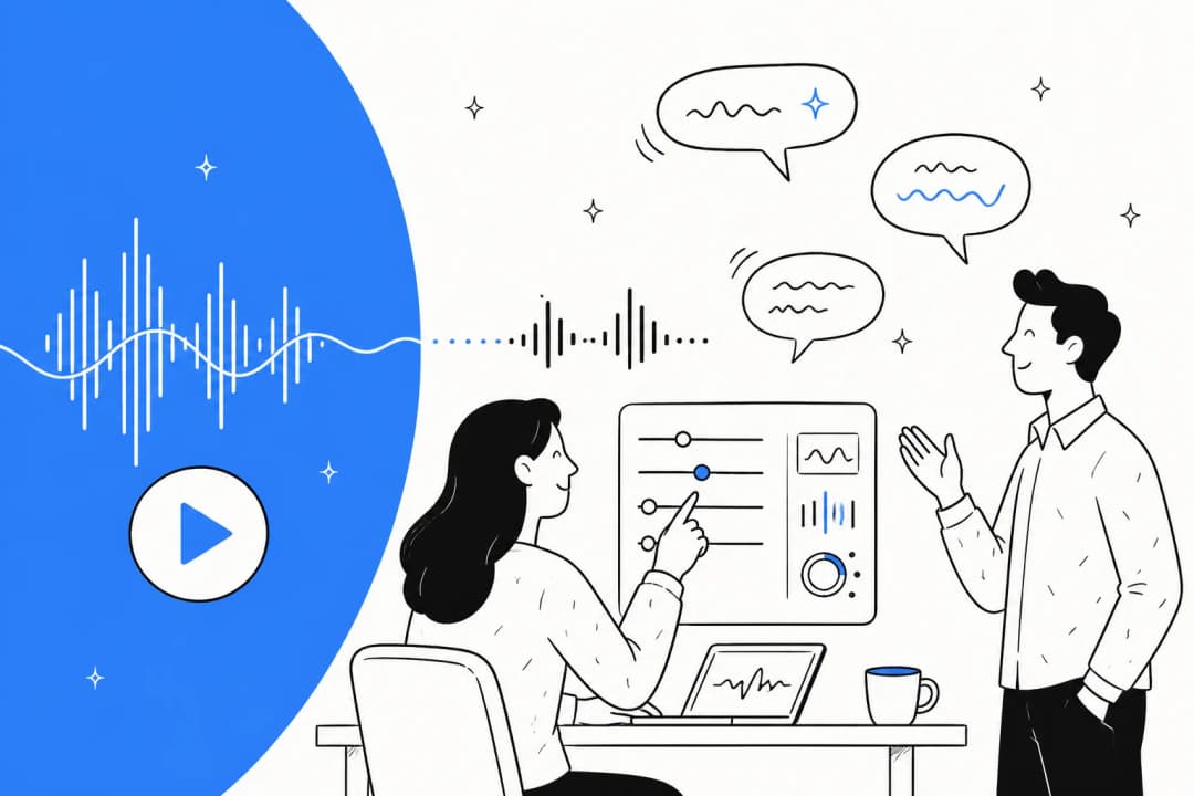 Illustration of sound waves, a voice-design control panel and a play button representing Gemini 3.8 Flash TTS