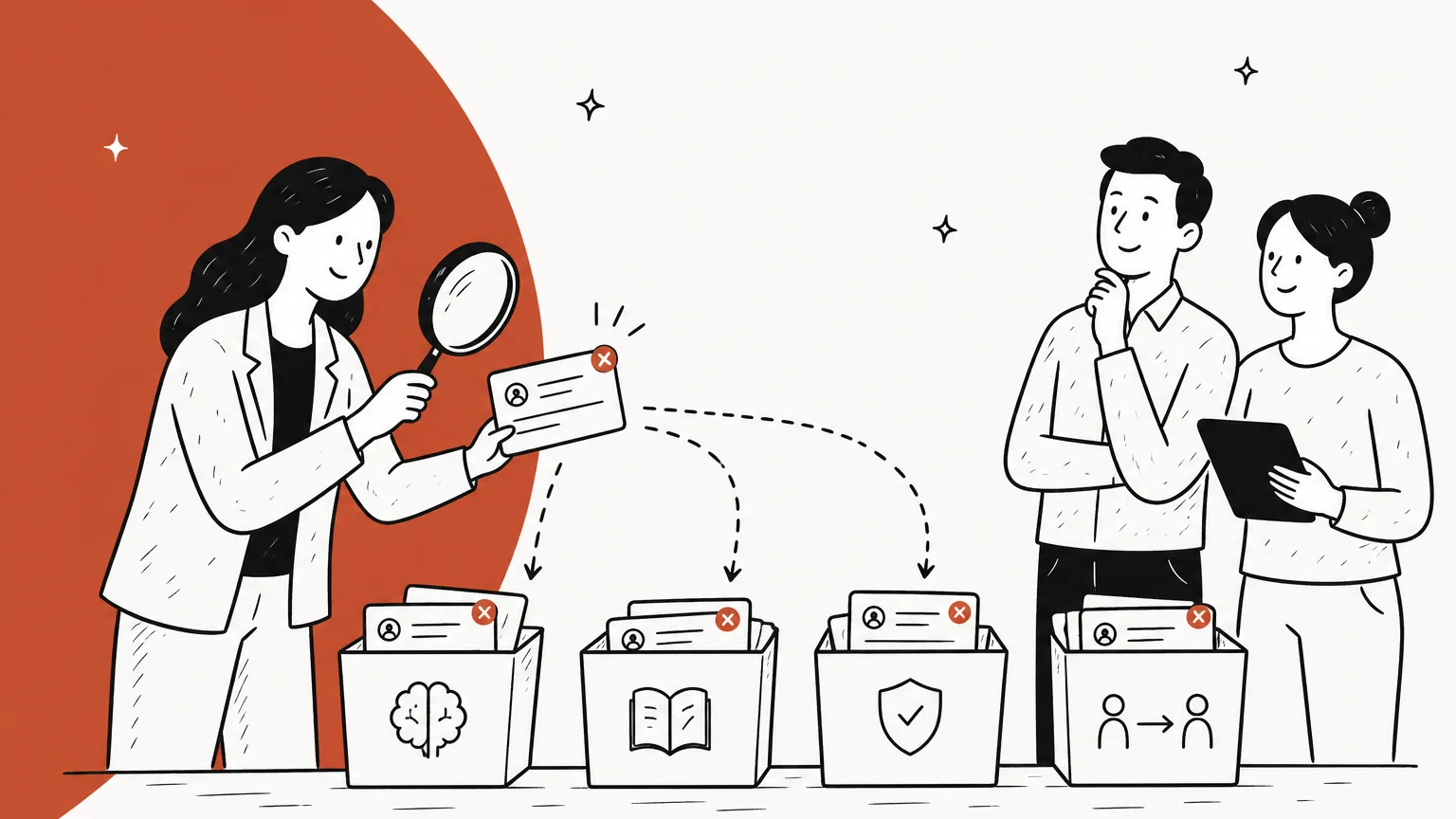 Hand-drawn illustration of a support lead with a magnifying glass sorting wrong ticket replies into bins for knowledge, sources, policy and handoff while two teammates watch