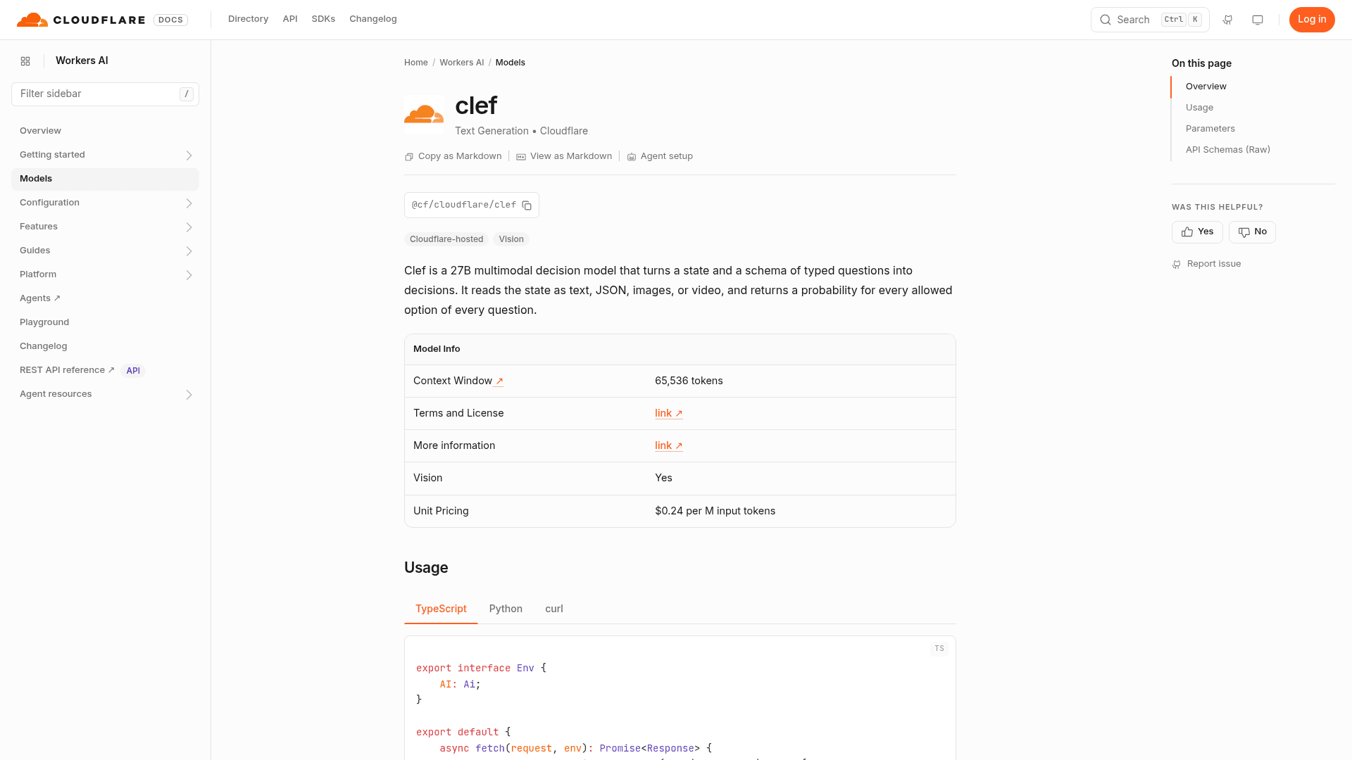 Cloudflare Workers AI model page for Clef showing the 65,536-token context window, vision support and $0.24 per million input tokens, as taken from Cloudflare docs
