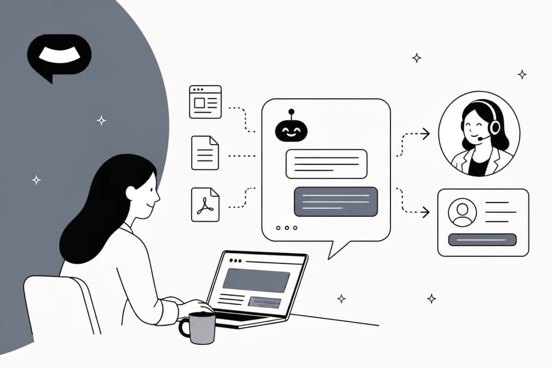 Hand-drawn illustration of a person at a laptop while a website chatbot pulls from web pages, documents and PDFs, then hands off to a support agent or captures a lead, with the SiteSpeak logo on a slate grey background
