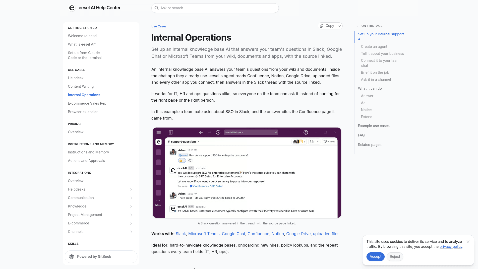 eesel's Internal Operations docs showing an employee question in Slack answered with the Confluence source linked, as captured from eesel's help center