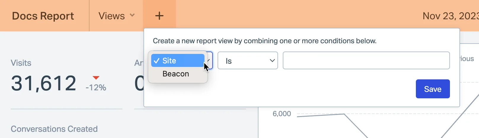Help Scout Docs report showing visits, article views, and failed searches