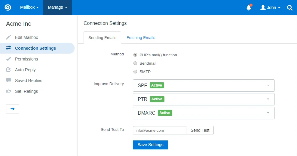 FreeScout mailbox connection settings showing PHP mail versus SMTP options and SPF, PTR and DMARC delivery status, as taken from FreeScout