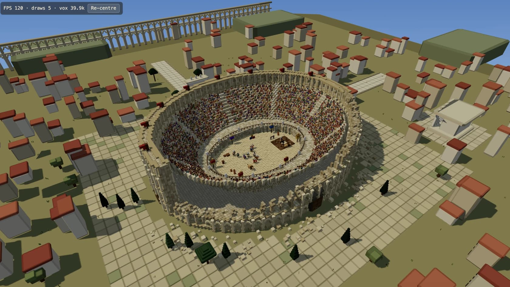 A voxel colosseum scene rendered by Kimi K3 from a short prompt, running at 120 FPS, as taken from the Kimi K3 blog