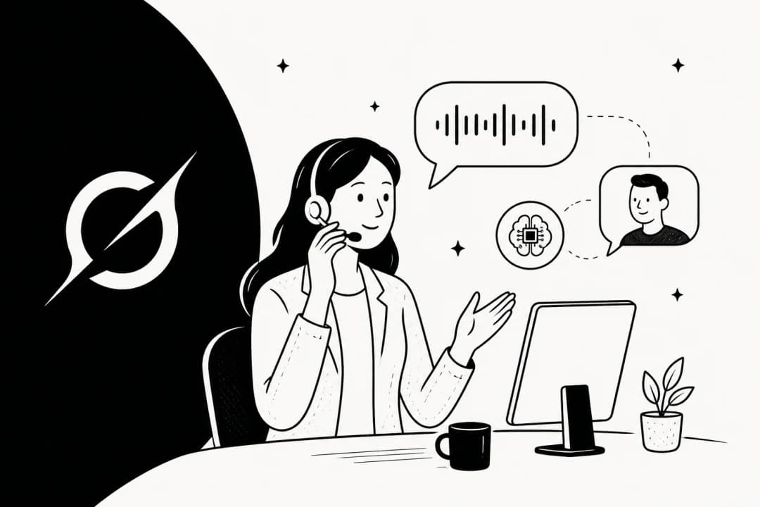Line illustration of a support agent on a headset next to the Grok logo, with a voice waveform in a speech bubble