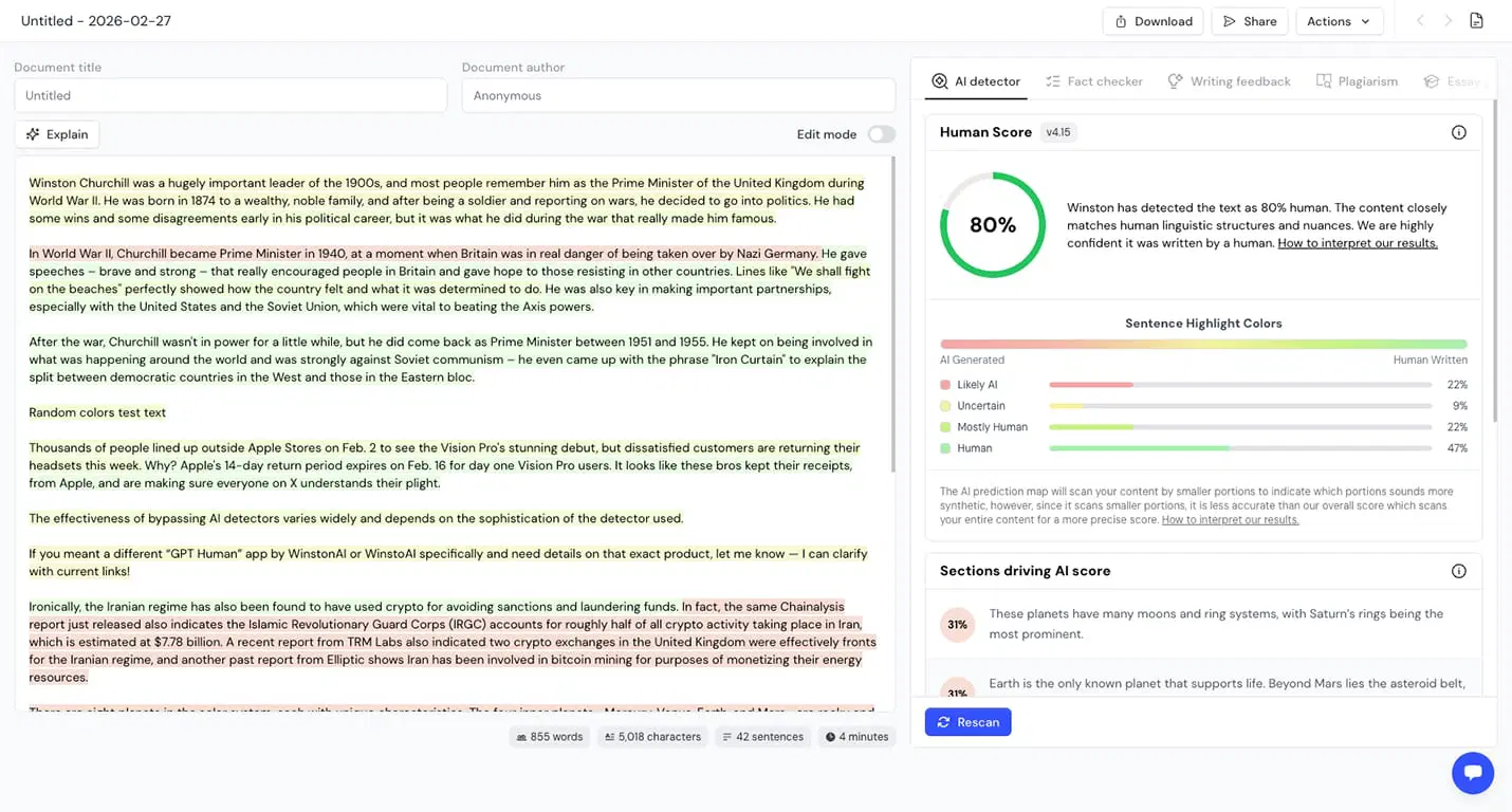 Winston AI's document workspace with the AI detector panel open, showing an 80% human score and the sentence highlight breakdown, as taken from the Winston AI content detector page