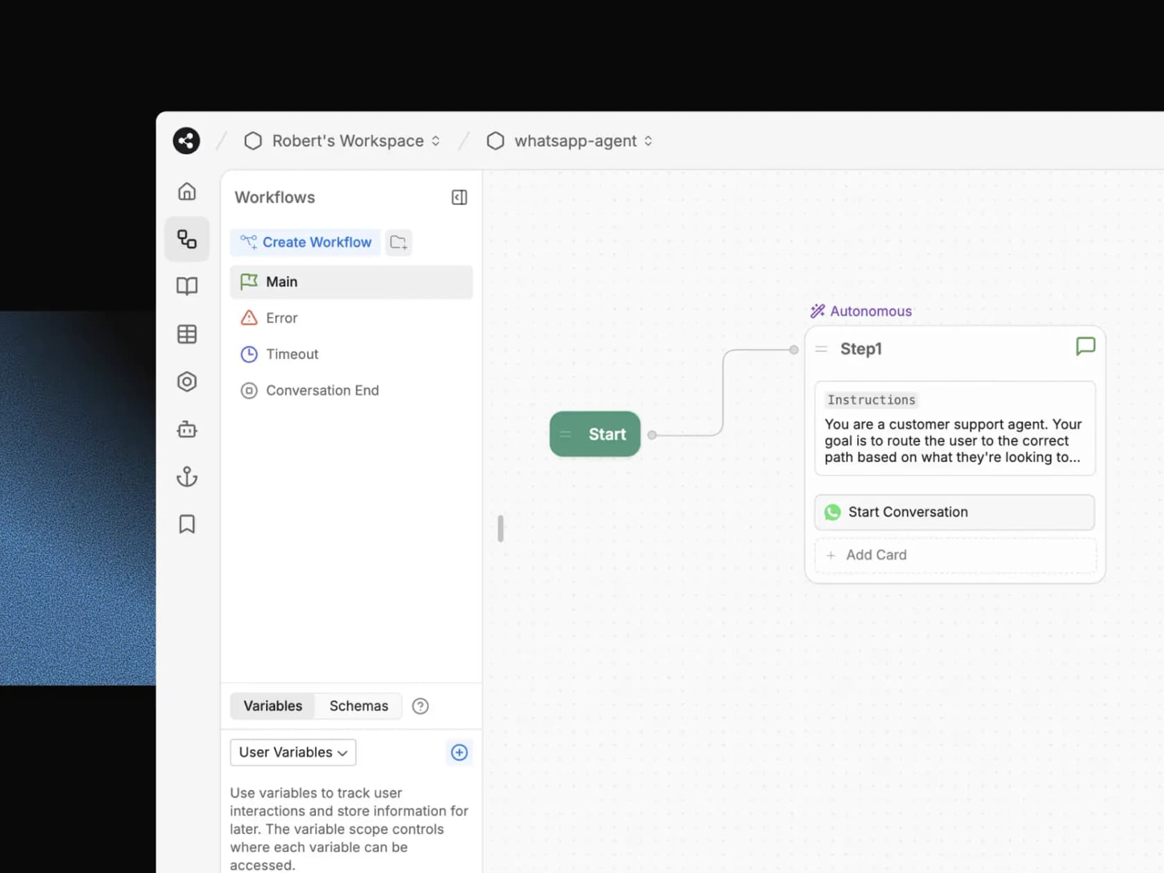 A Botpress Studio workflow for a WhatsApp agent, with a Start node wired into an Autonomous step whose instructions read "You are a customer support agent"