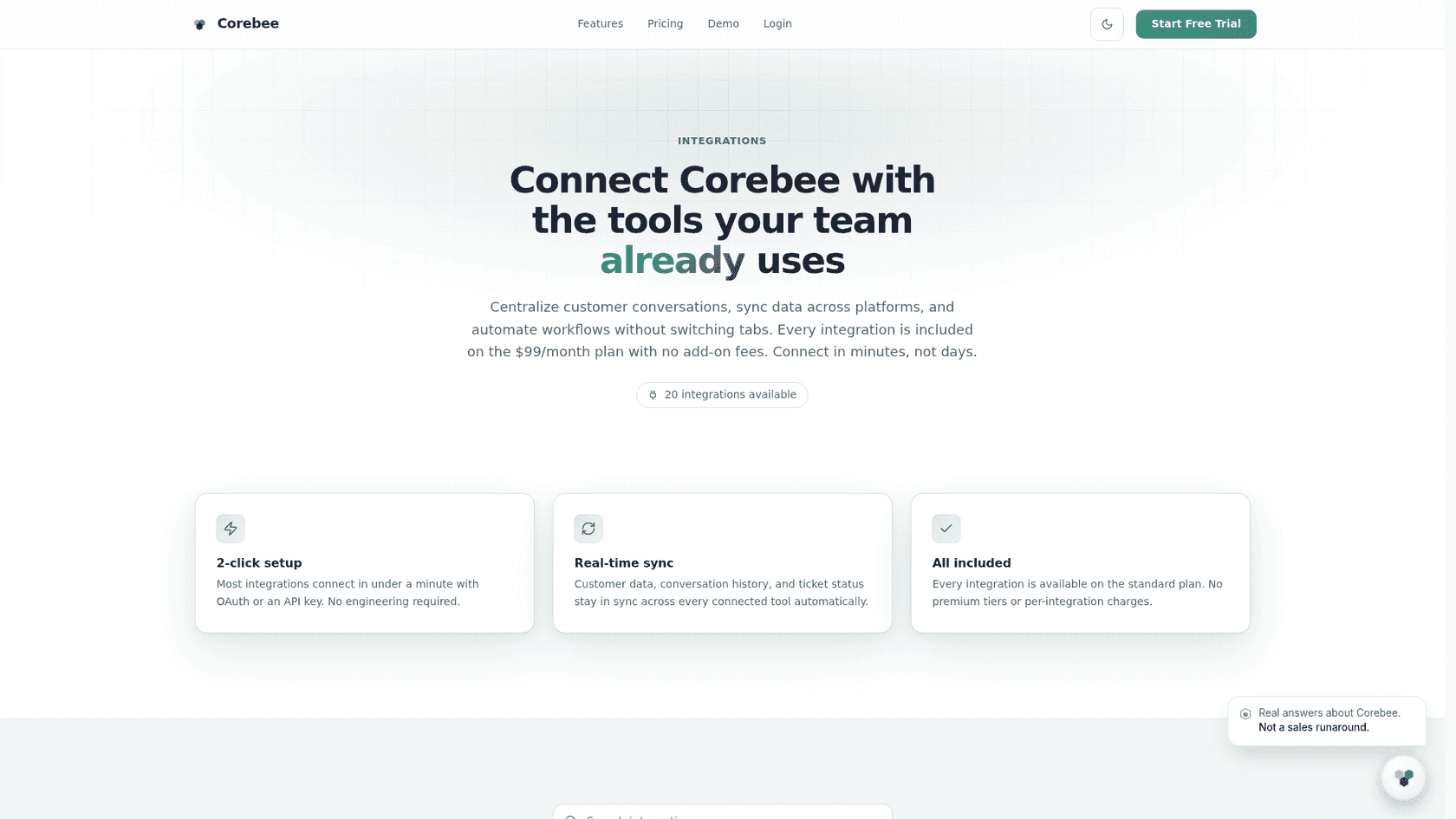 Corebee's integrations page listing twenty available connectors, as taken from Corebee