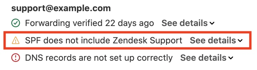 Zendesk agent-side warning flags on a support address, showing SPF does not include Zendesk Support, as taken from Zendesk docs