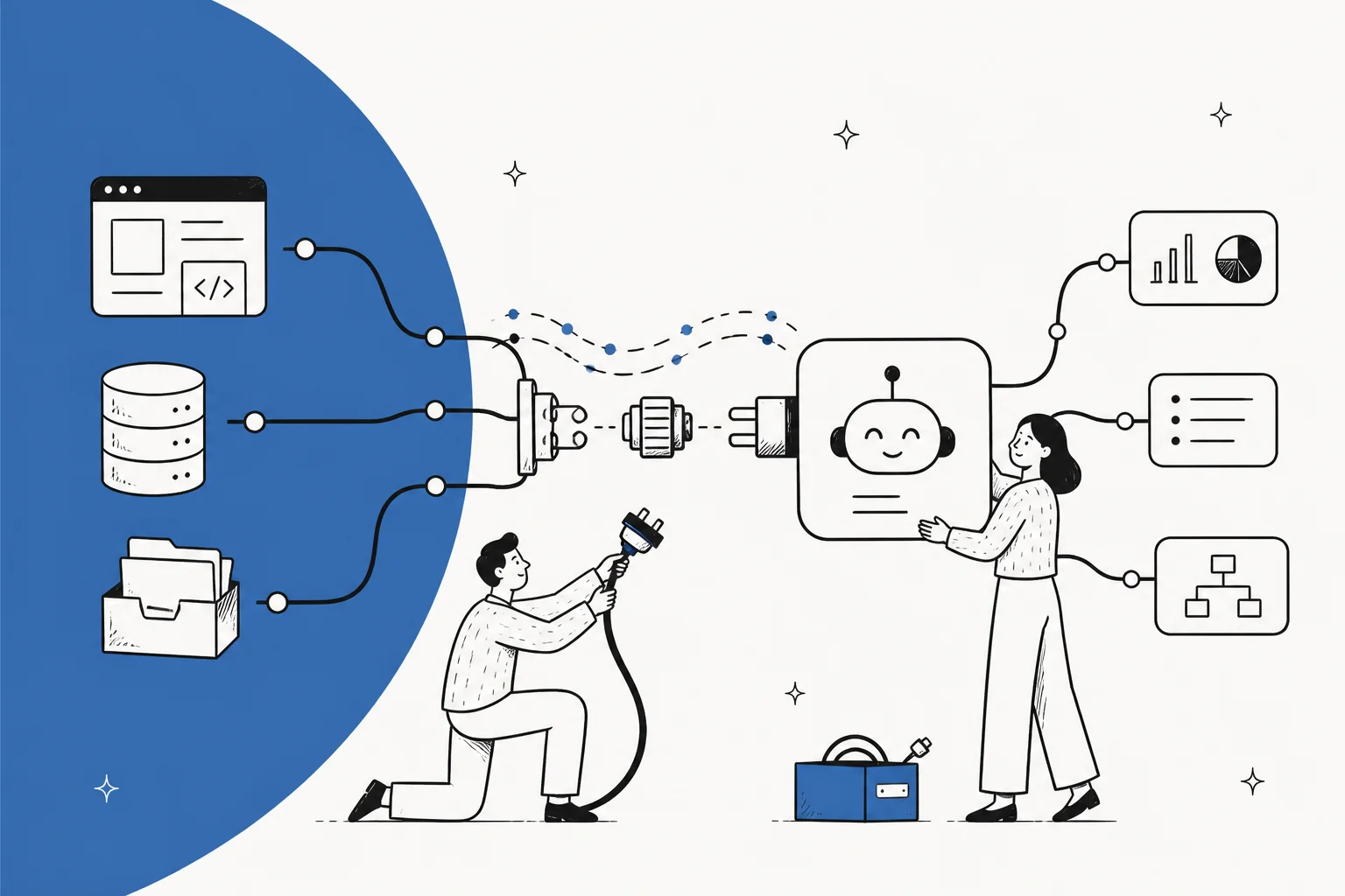 Abstract illustration of an AI agent wired into a stack of systems by API