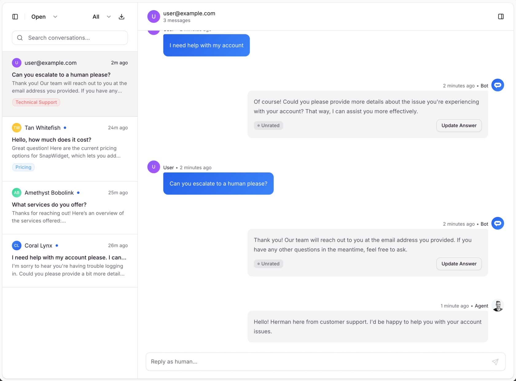 SiteSpeak Inbox showing a conversation list and a thread where a visitor asks "Can you escalate to a human please?" and a support agent takes over, as taken from SiteSpeak's site